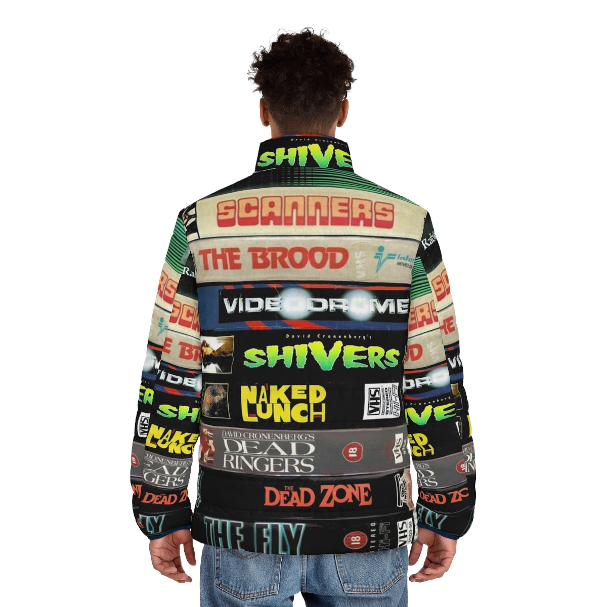 Cronenberg VHS collection puffer jacket featuring vintage horror movie graphics - men back