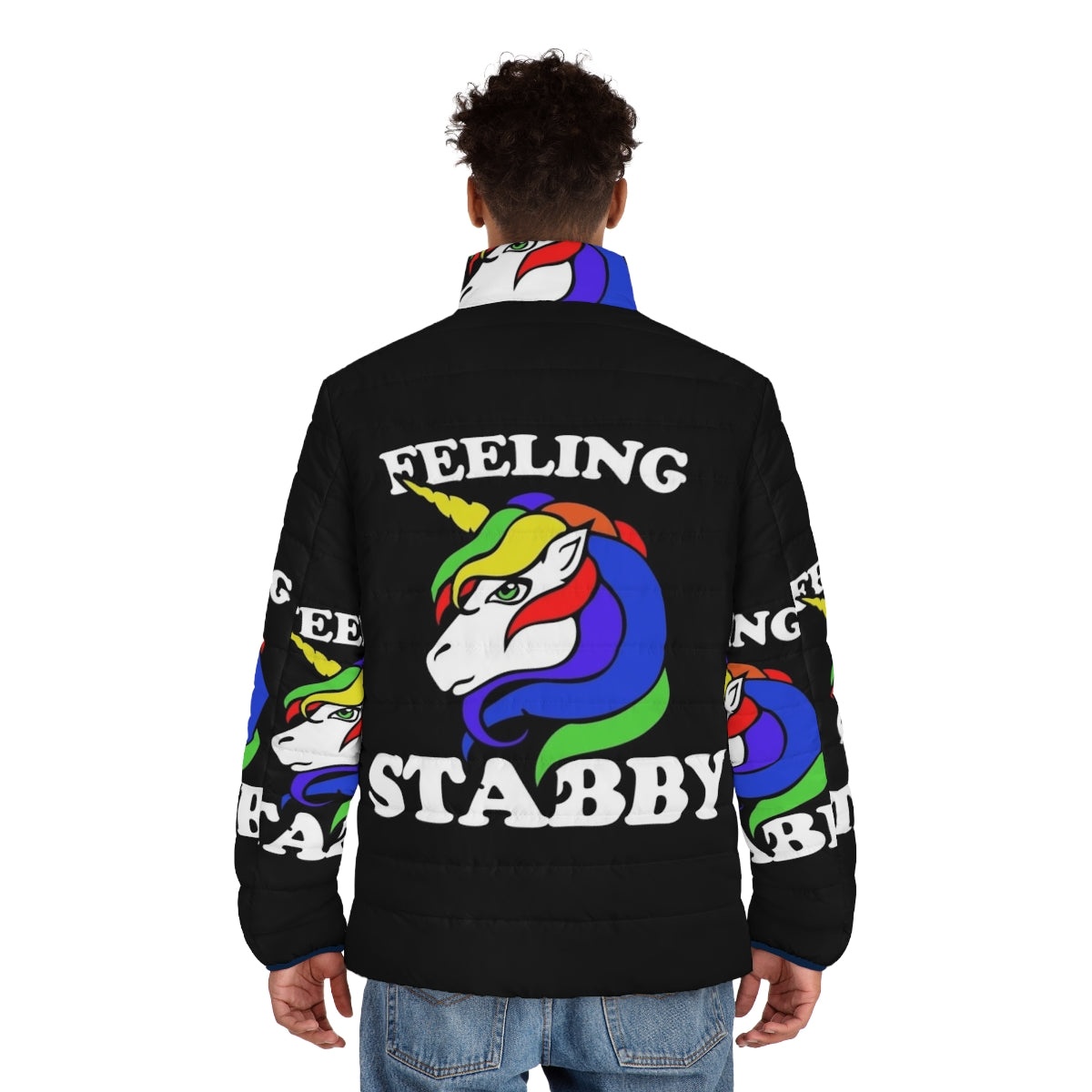 Feeling Stabby Unicorn Puffer Jacket featuring a vibrant rainbow design and legendary animal graphics - men back