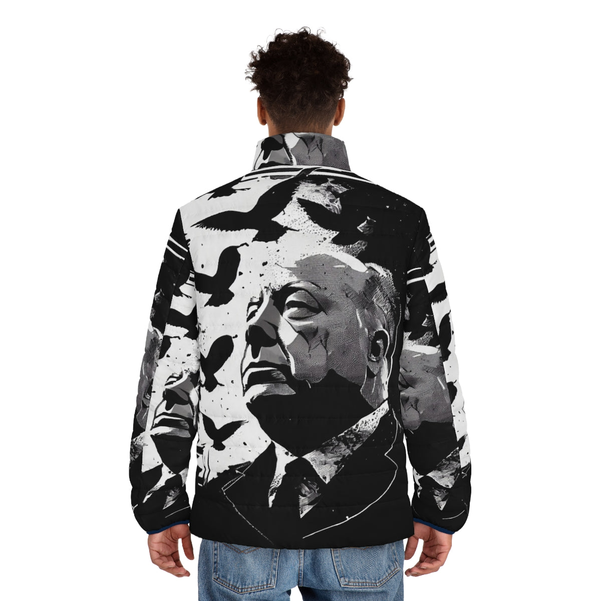 Alfred Hitchcock portrait puffer jacket inspired by the classic film "The Birds" - men back