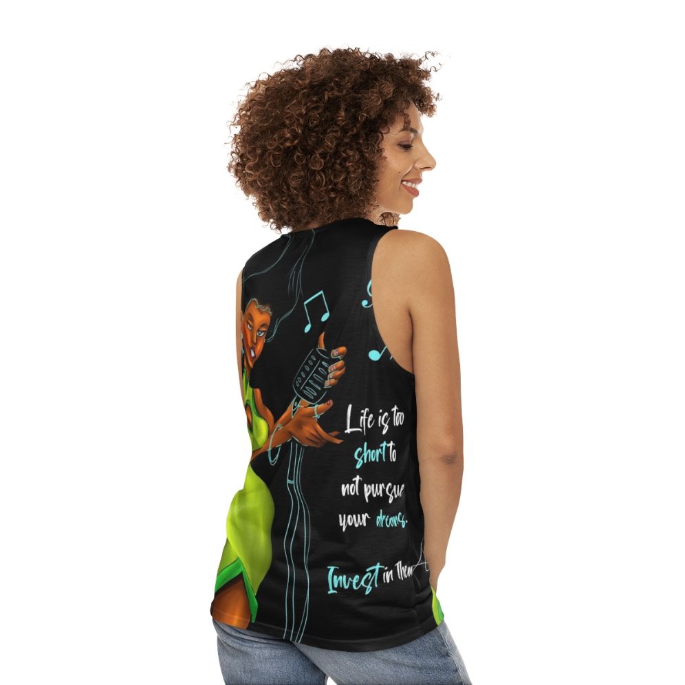 Inspirational unisex tank top with "A Life Of Dreams" quote - women back