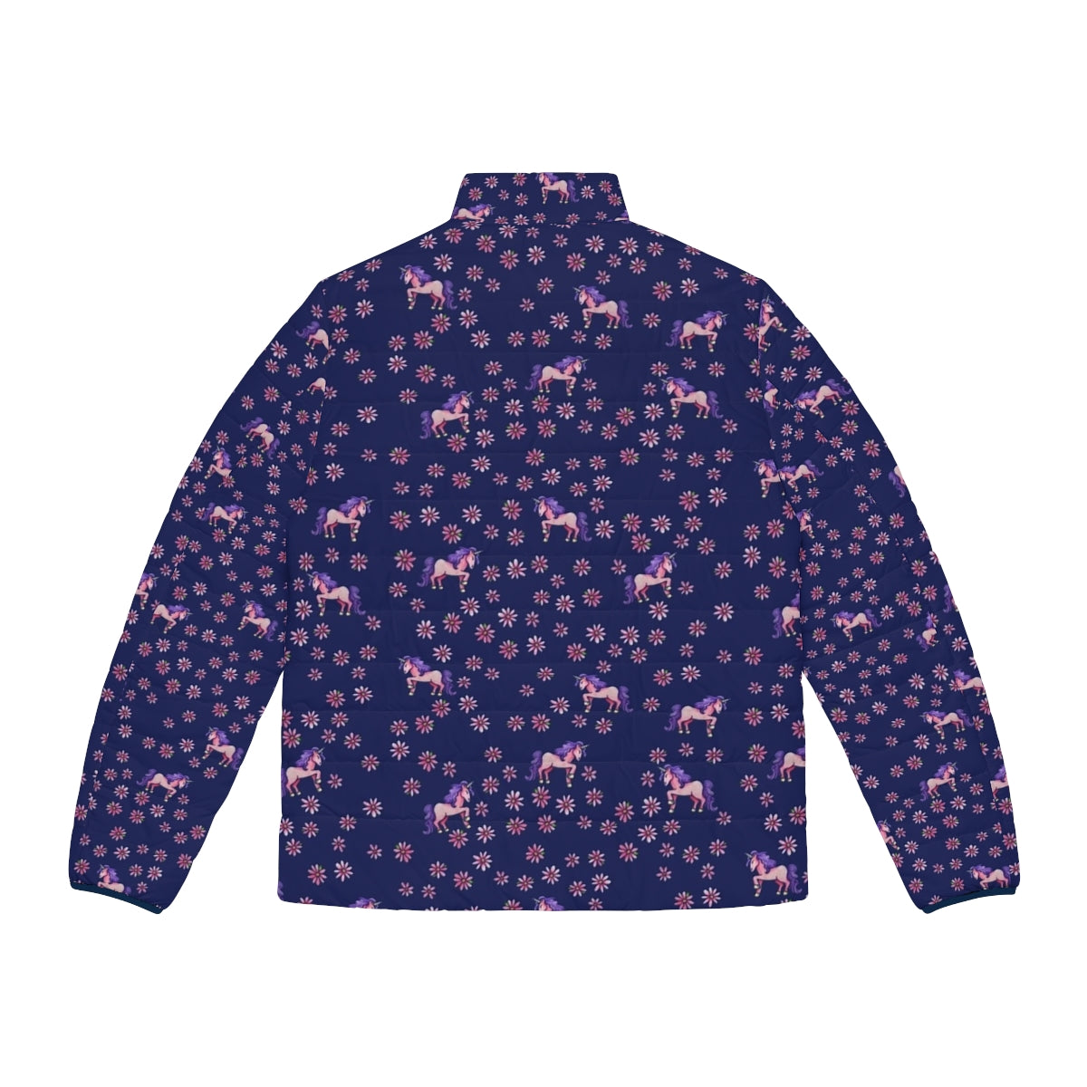 A vibrant puffer jacket featuring a magical unicorn and floral print design - Back