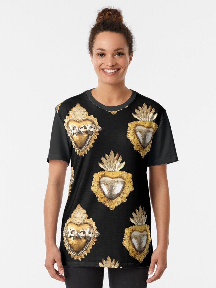 Elegant Mexican heart graphic on a black t-shirt with a metallic, seamless pattern design. - Women