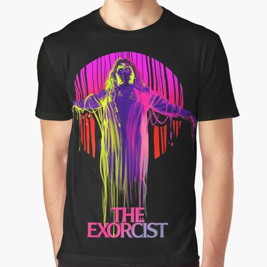 "The Exorcist neon graphic t-shirt featuring a classic horror movie design"