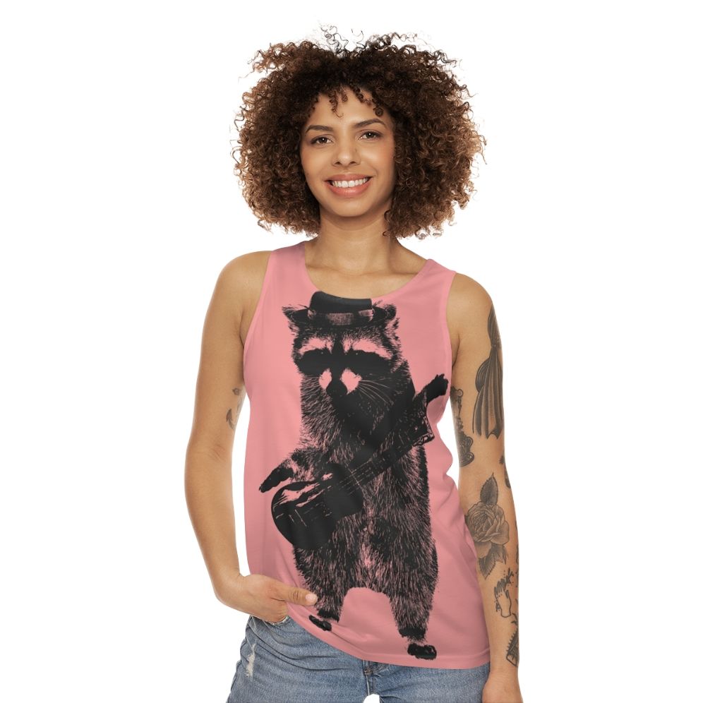 Raccoon wielding ukulele graphic on unisex tank top - women