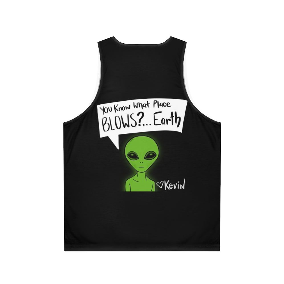 Unisex tank top with earth-themed design and pop culture references - Back