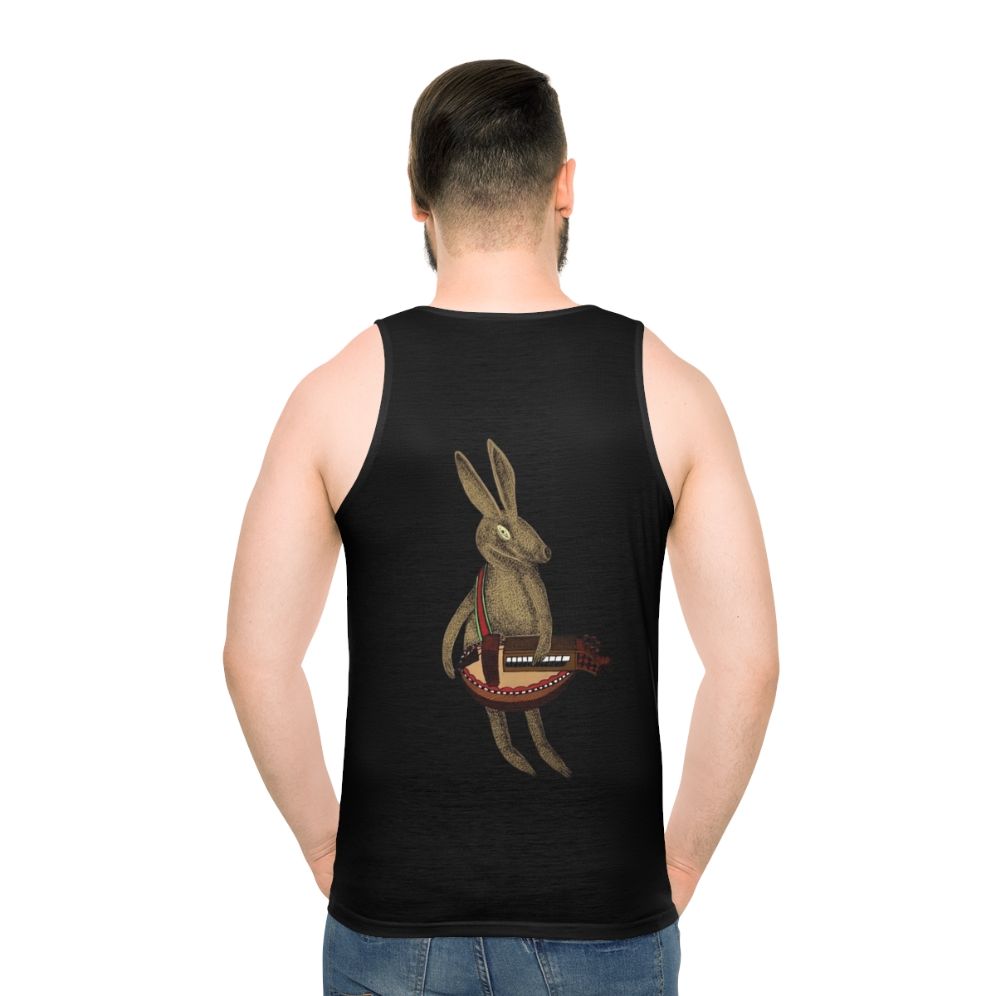 Hare playing hurdy gurdy music instrument on unisex tank top - men back