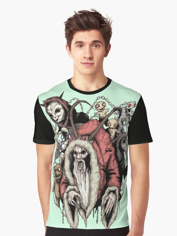 Krampus horror graphic t-shirt featuring a dark, gothic design of the mythical Christmas demon - Men