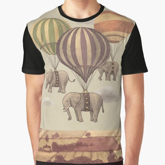 Retro illustration of flying elephants in a fantasy nature scene