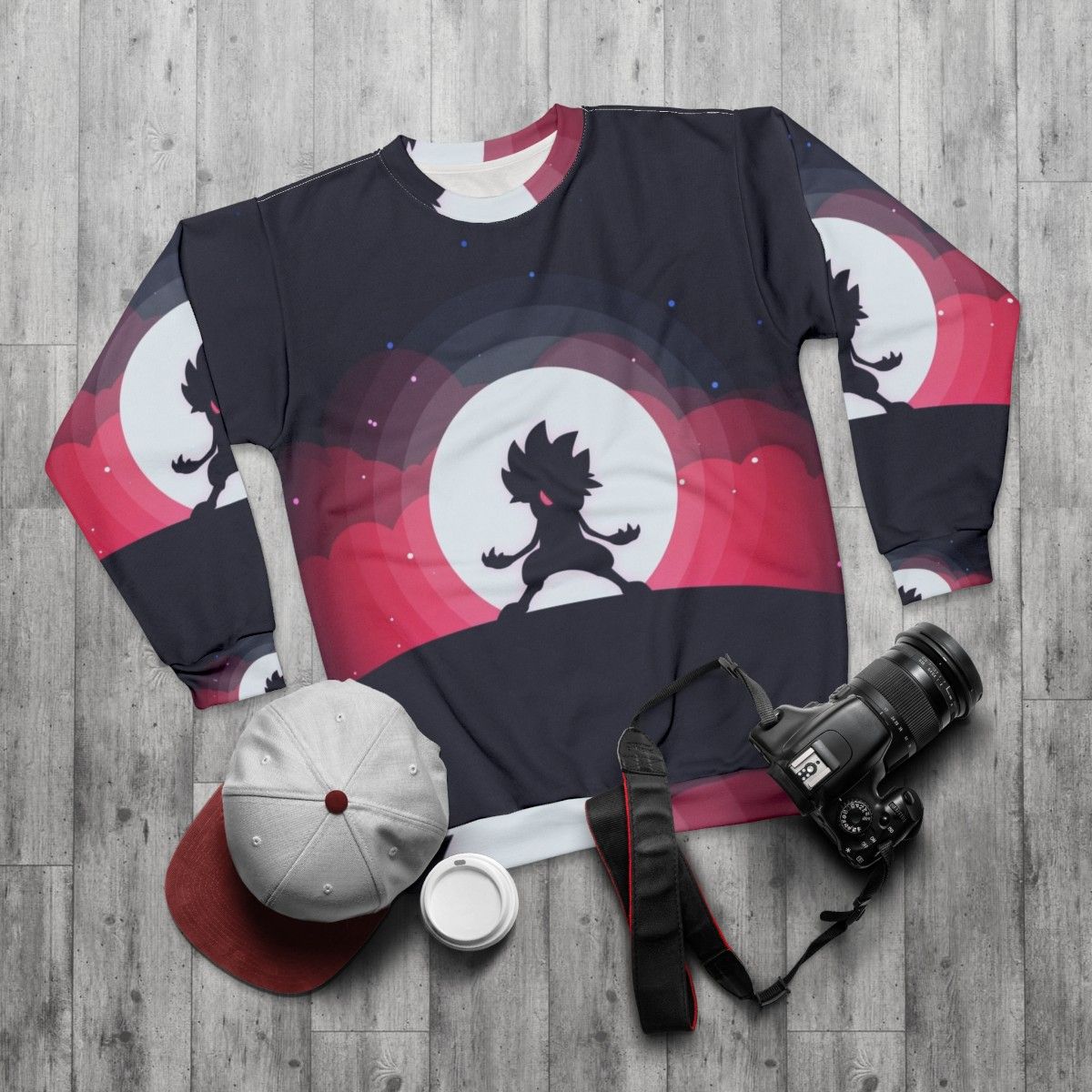 Lycanroc Pokemon Sweatshirt with Moon Design - flat lay