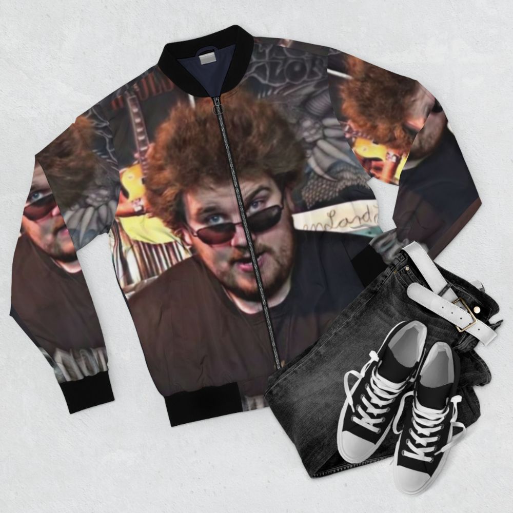 Drachenlord Rainer Winkler Bomber Jacket, featuring German youtuber and heavy metal fan design - Flat lay