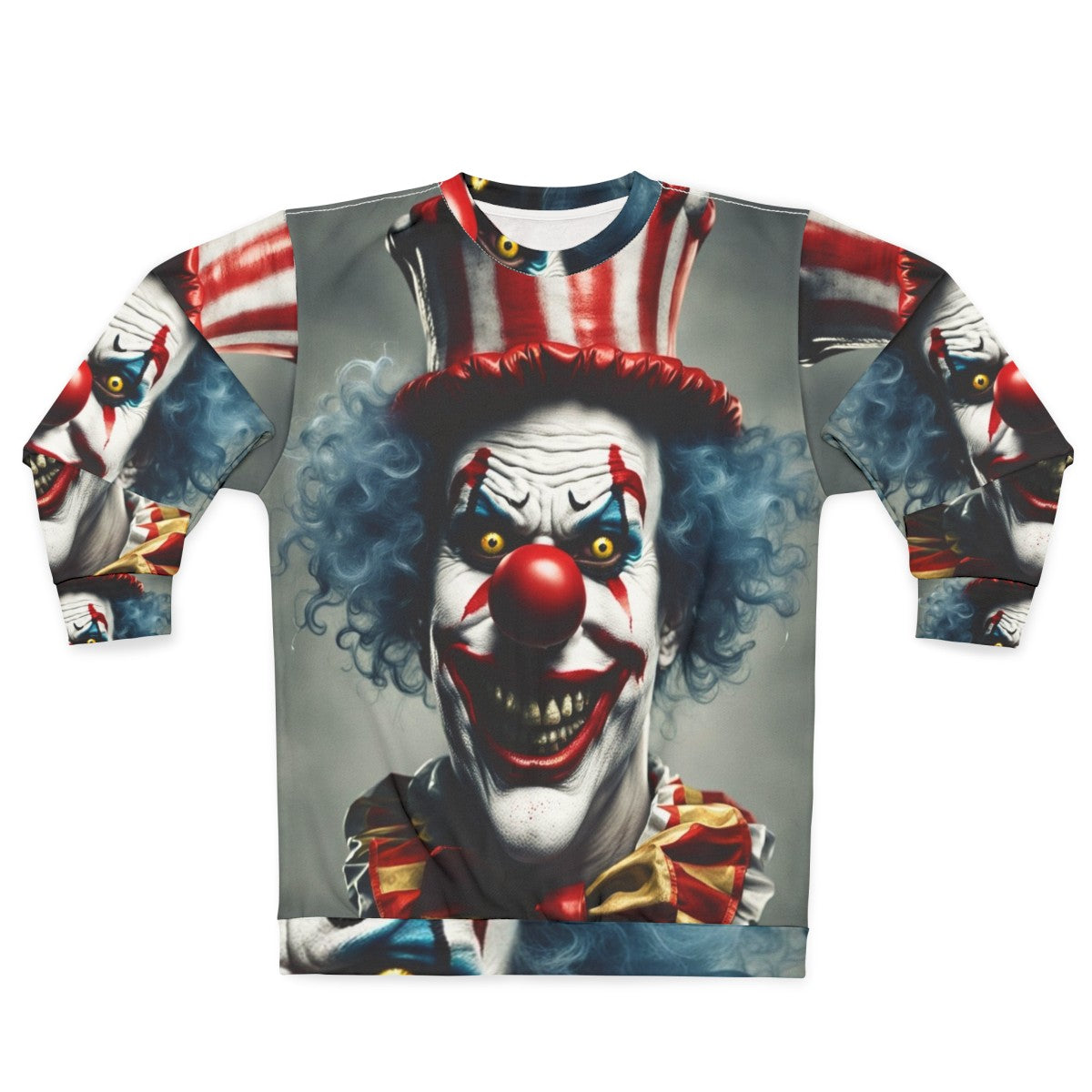 Creepy clown face on a black sweatshirt