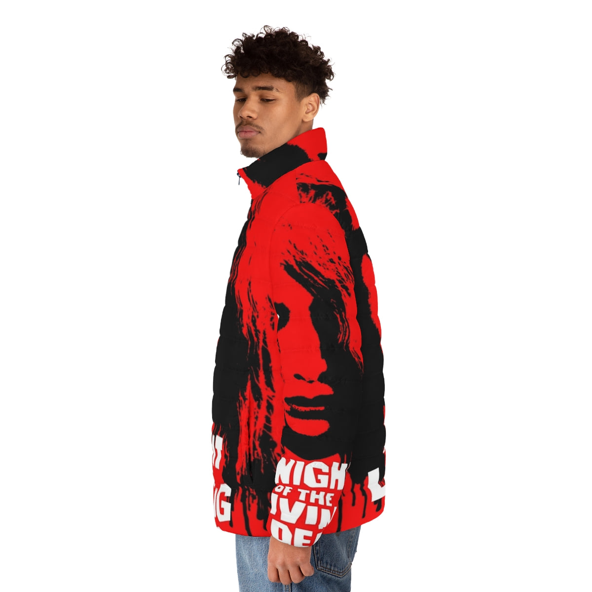 "Night of the Living Dead" inspired puffer jacket with zombie and horror movie graphics - men side left