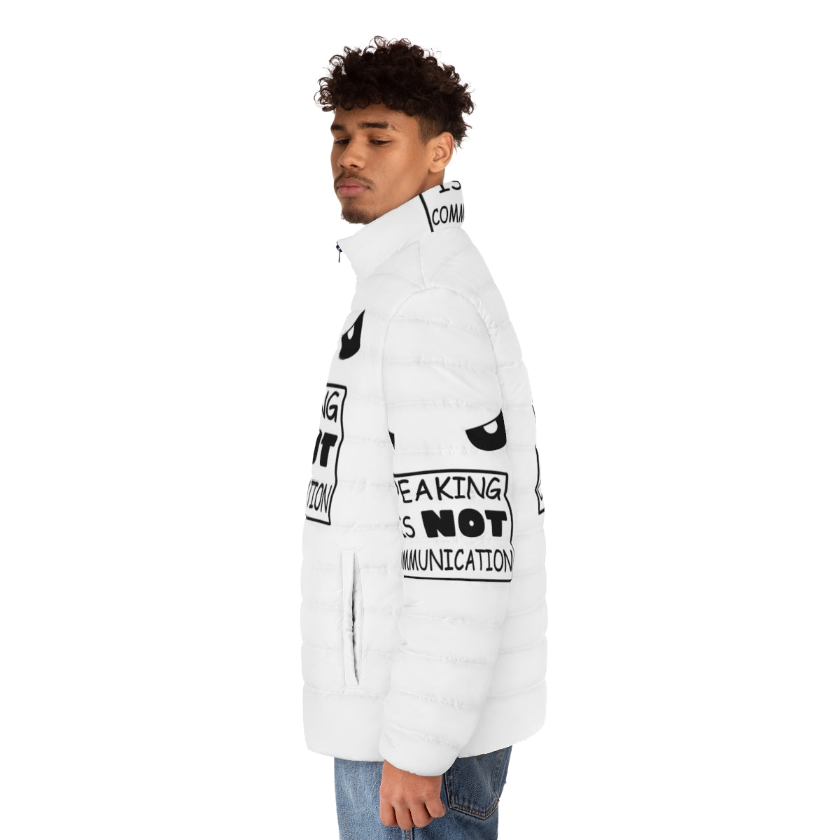 A stylish puffer jacket featuring an anime-inspired graphic design with the text "Speaking Is Not Communication". - men side left