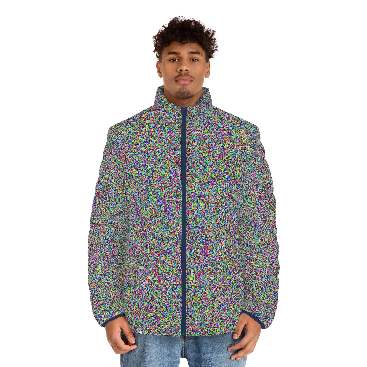 Retro white noise puffer jacket with static and glitch effects - men front