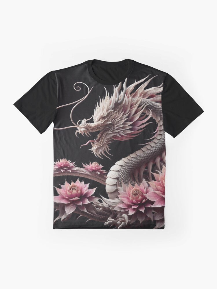 A graphic t-shirt featuring a mythical dragon surrounded by Japanese flowers like cherry blossoms and lotus. - Flat lay