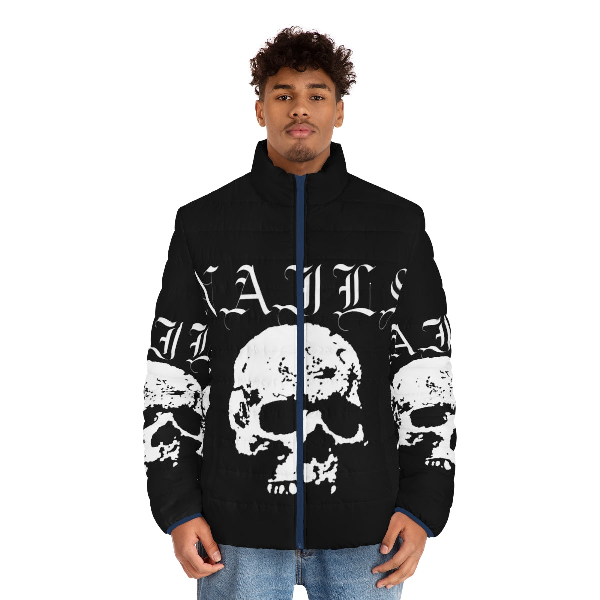 Nails hardcore punk band white puffer jacket featuring skull and edgy design - men front