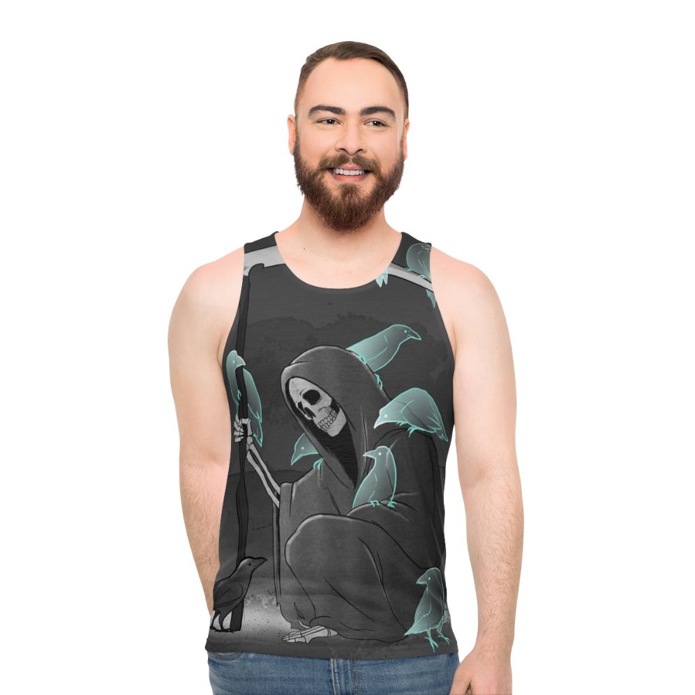 Unisex tank top with a dark gothic design featuring crows and a reaper - men