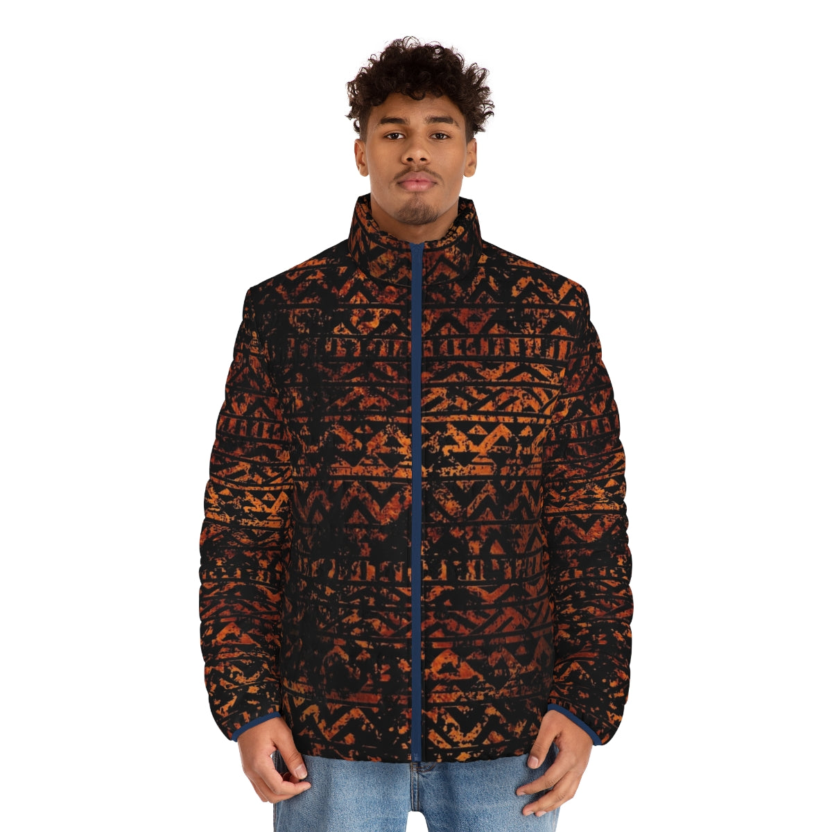 Ethnic tribal puffer jacket with bronze metallic grunge pattern - men front