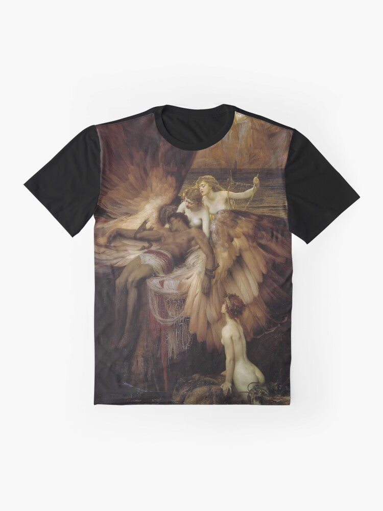 Graphic t-shirt featuring "The Lament for Icarus" painting by Herbert James Draper, depicting the tragic story of Icarus from Greek mythology. - Flat lay