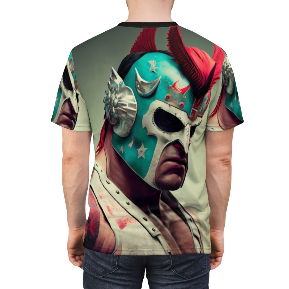 Illustration of a masked wrestler in a fighting stance on a t-shirt design - men back