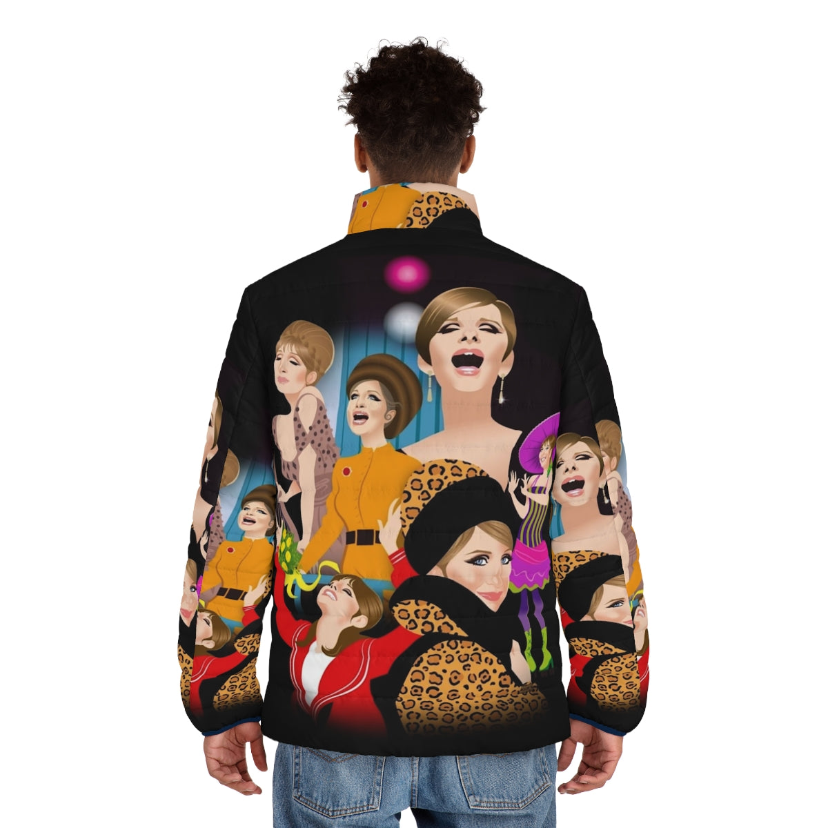 Funny puffer jacket with Alejandro Mogollo art designs - men back