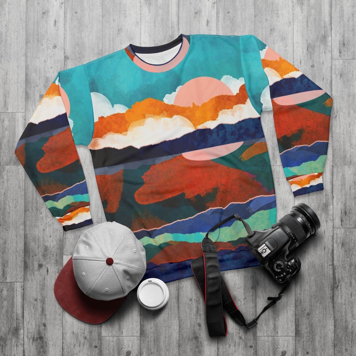 Fallscape Sweatshirt with nature inspired landscape design - flat lay