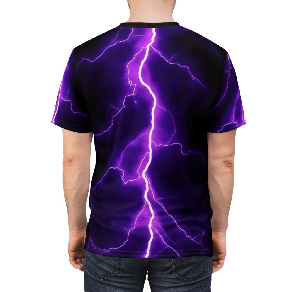 Person wearing a purple t-shirt with a striking lightning bolt design - men back