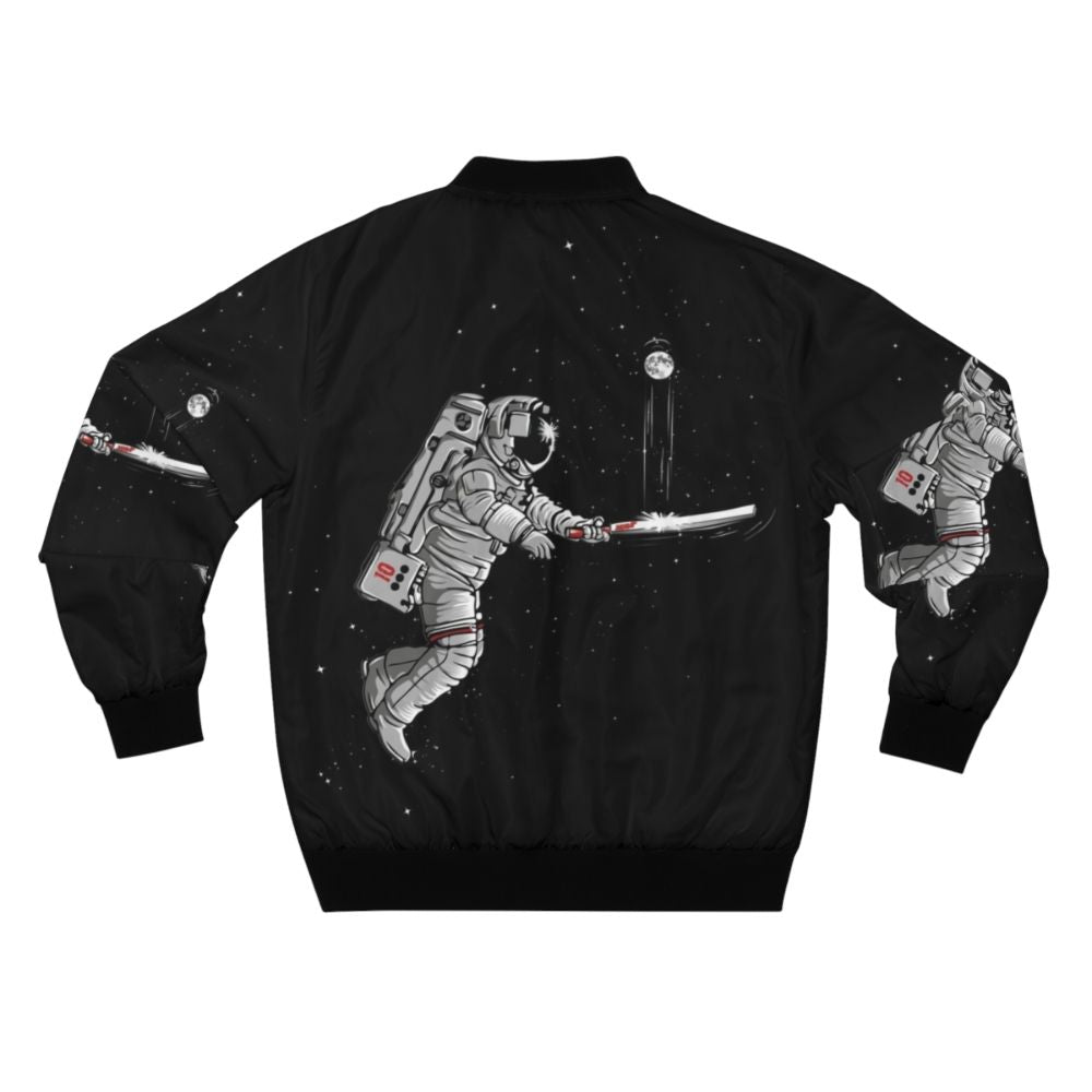 Space Cricket Bomber Jacket with graphic design of cricket player in space suit exploring the galaxy - Back