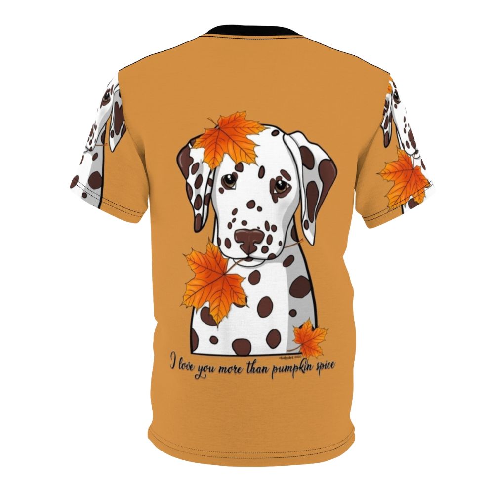 Dalmatian dog design on an autumn-themed t-shirt with pumpkins and fall leaves - Back