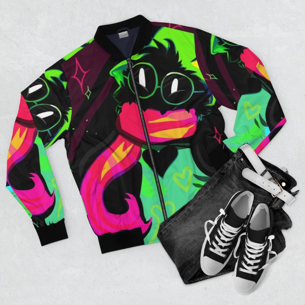 Ralsei the cute monster from Undertale and Deltarune wearing a colorful, neon bomber jacket - Flat lay