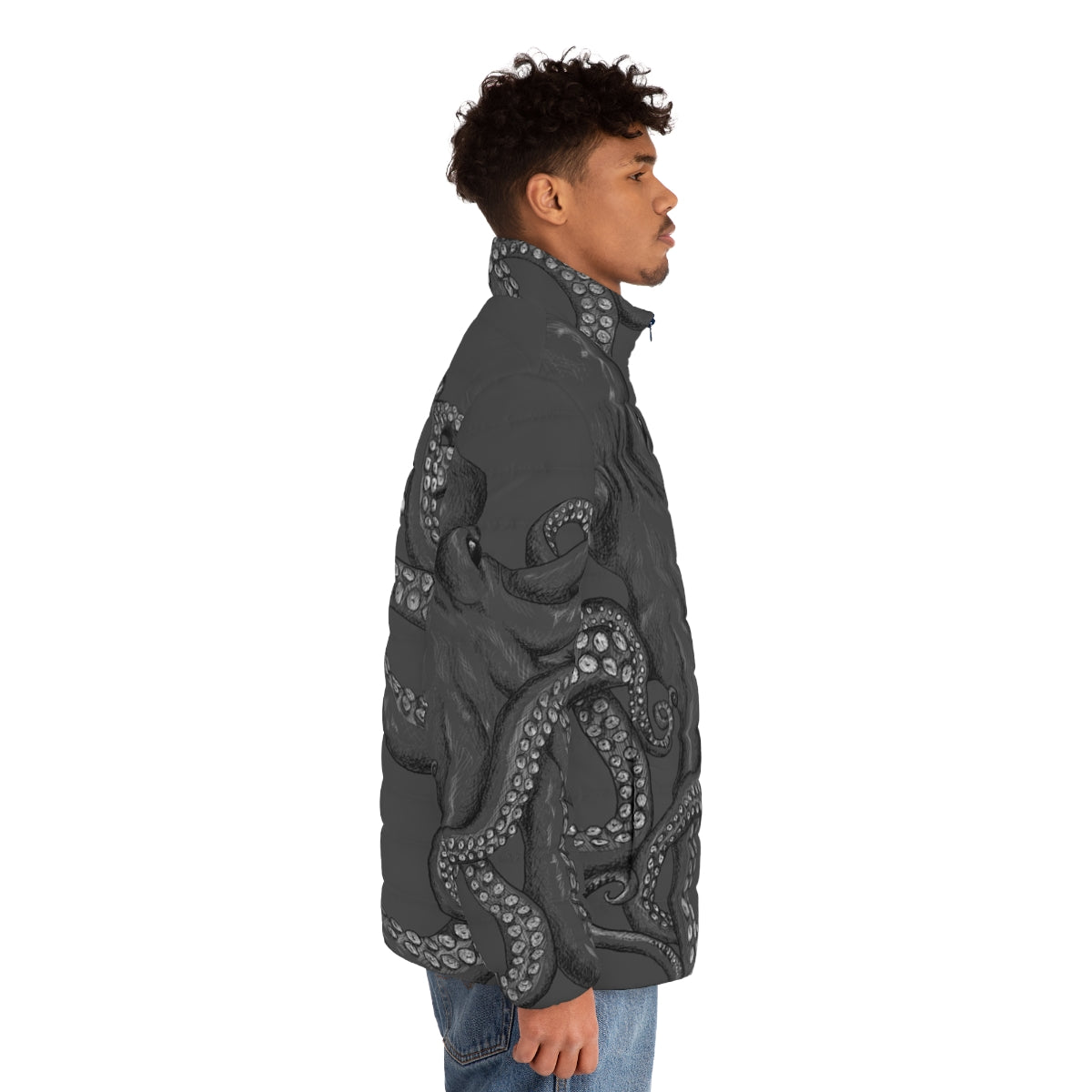 Realistic octopus two-tone puffer jacket featuring intricate line art and ink design - men side right