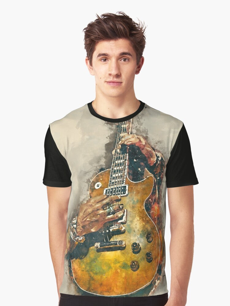 Watercolor electric guitar graphic t-shirt featuring Slash's iconic guitar - Men