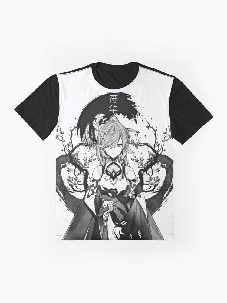 Anime-inspired fantasy graphic t-shirt featuring Honkai Impact and Genshin Impact inspired designs with pencil sketches, ink splatters, and monochrome elements. - Flat lay