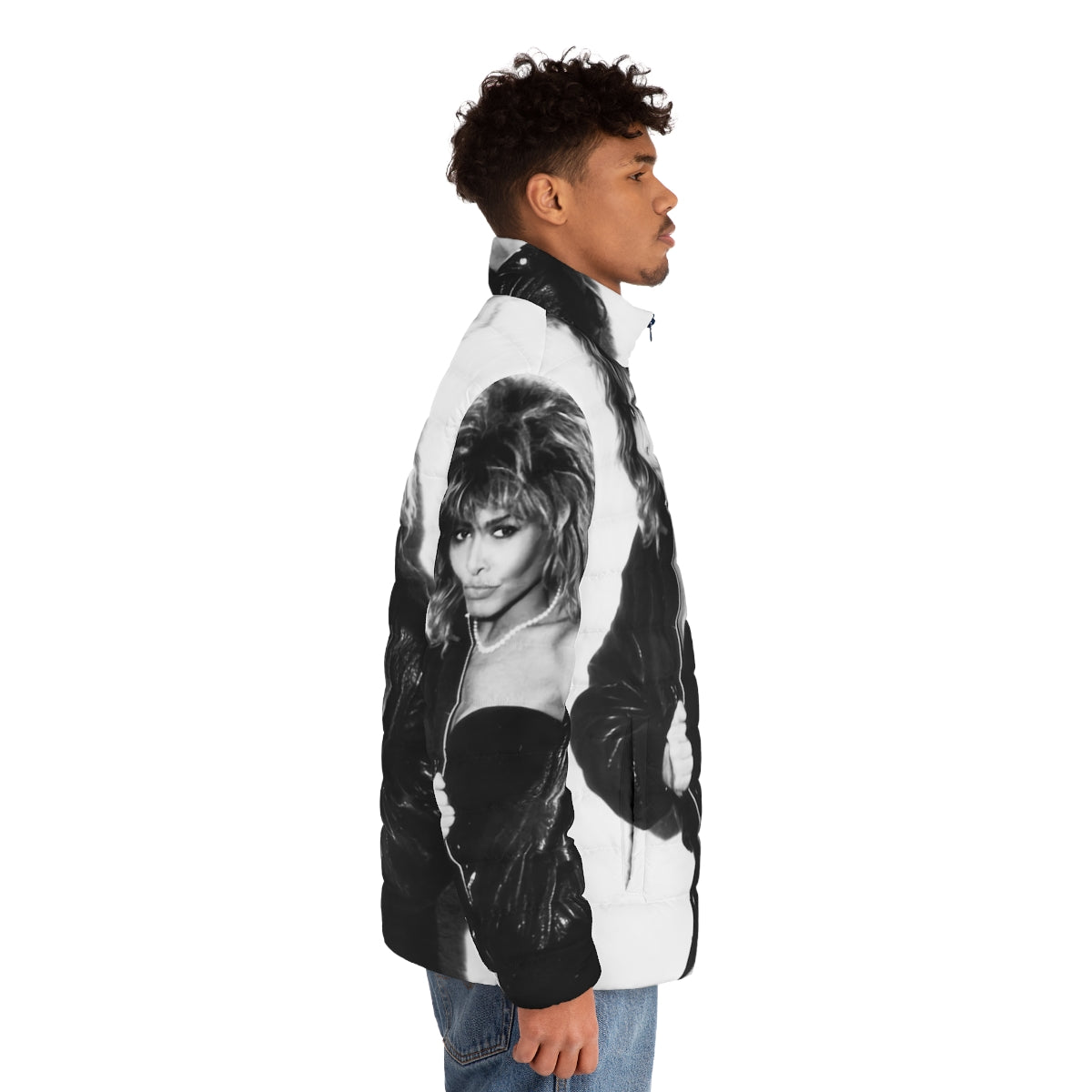 Vintage-inspired 80s style puffer jacket with a bold, black and white graphic design - men side right