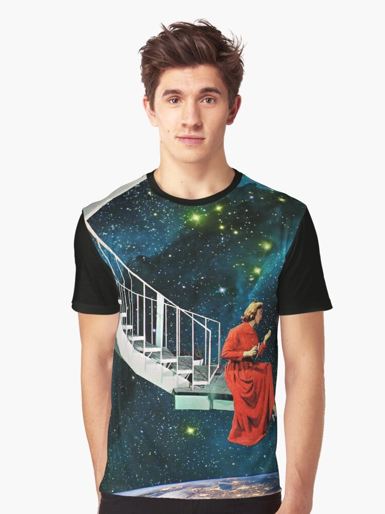 A graphic t-shirt featuring a nail-biting edge design with collage elements including the earth, stars, and manicure. - Men