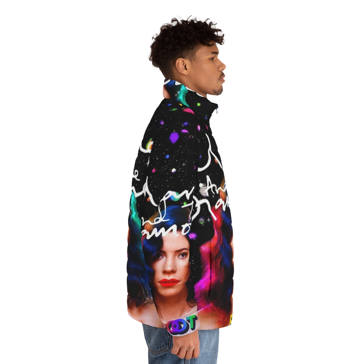 Froot puffer jacket featuring the artwork of alternative music artist Marina and the Diamonds - men side right