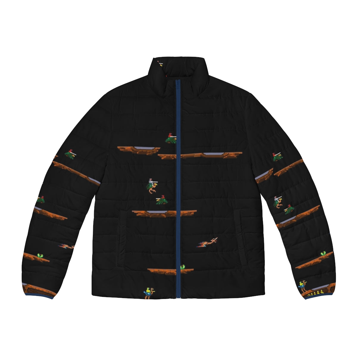 Puffer jacket with a vintage, celestial design featuring planets, stars, and the solar system