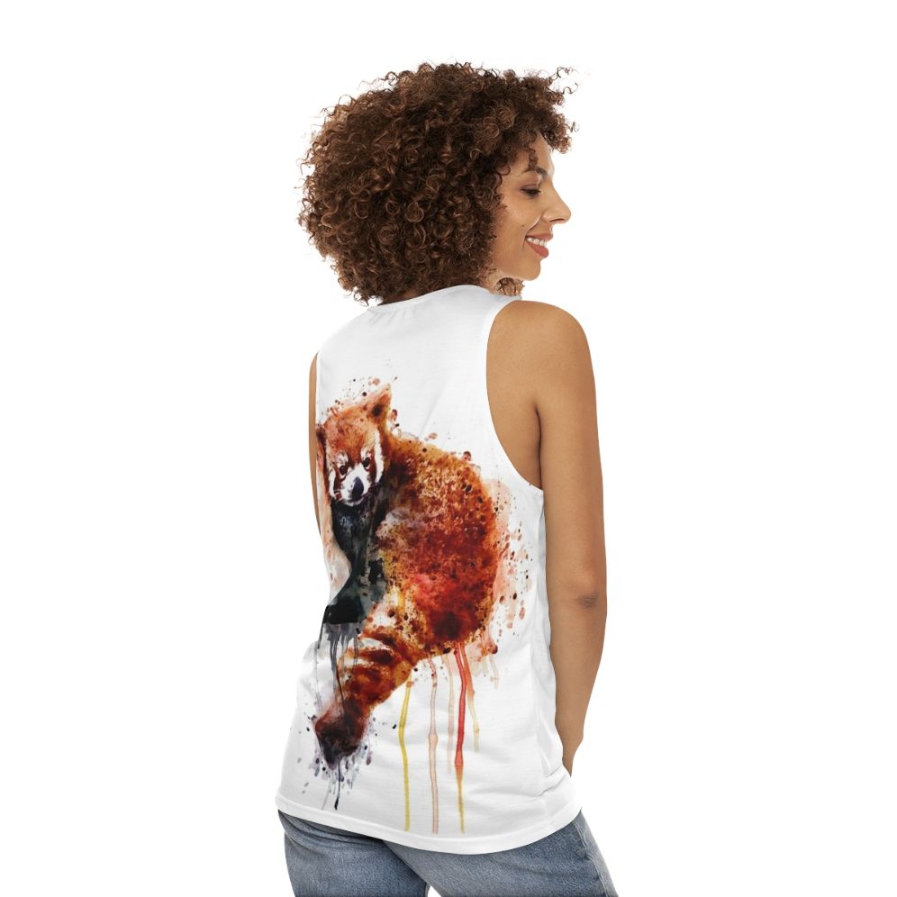 Watercolor red panda painting on unisex tank top - women back