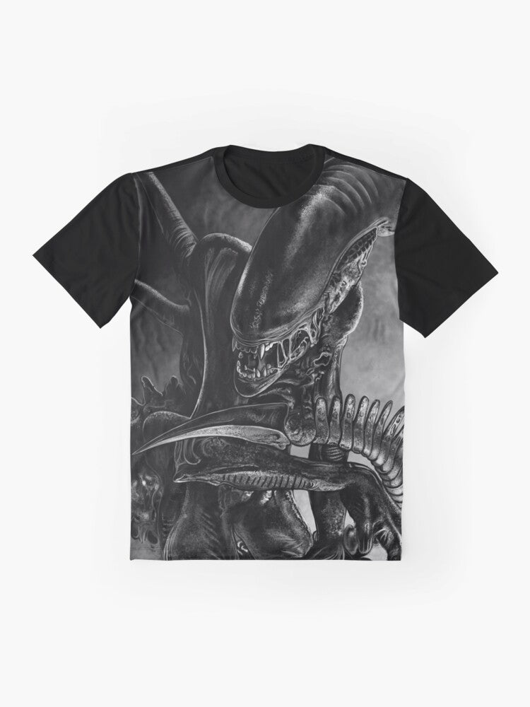 A hand-drawn graphic of a xenomorph alien on a t-shirt for art enthusiasts. - Flat lay