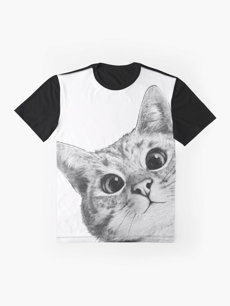 A black and white graphic t-shirt design featuring a sneaky, peekaboo cat or kitten with a humorous, cute, and funny expression. - Flat lay