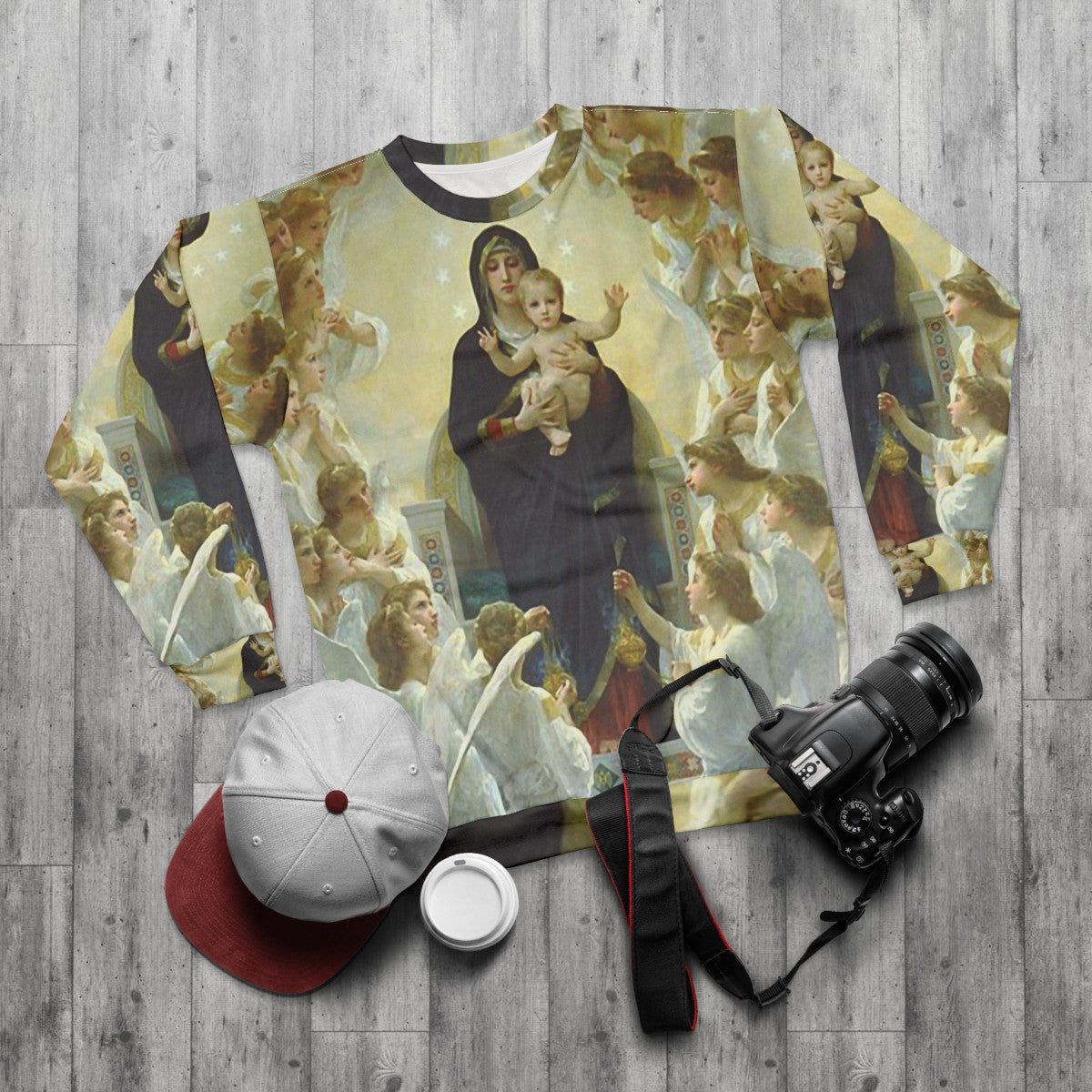 Our Lady Virgin Mary and Angels Religious Sweatshirt - flat lay