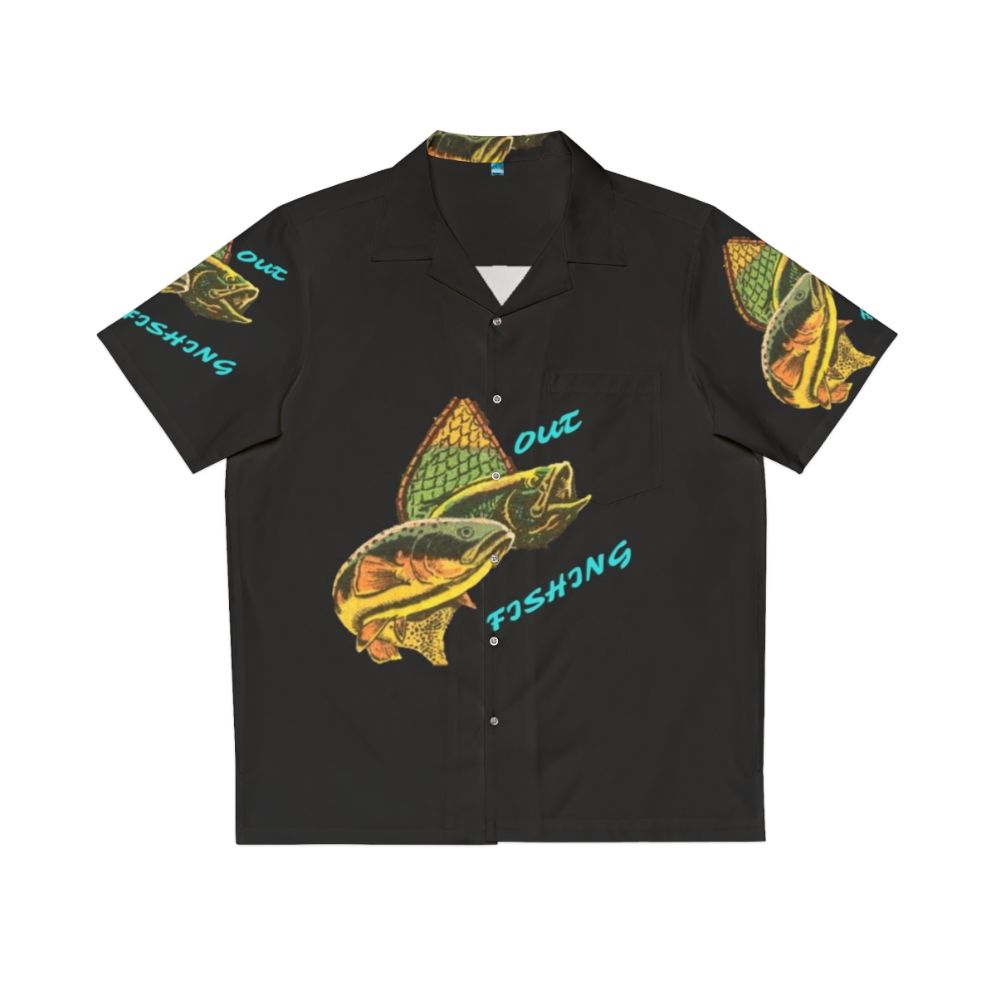 Hawaiian fishing-themed shirt with ocean and fish graphics