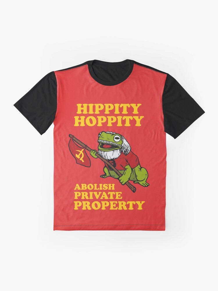 Graphic t-shirt featuring a frog and the phrase "Hippity Hoppity Abolish Private Property" - Flat lay