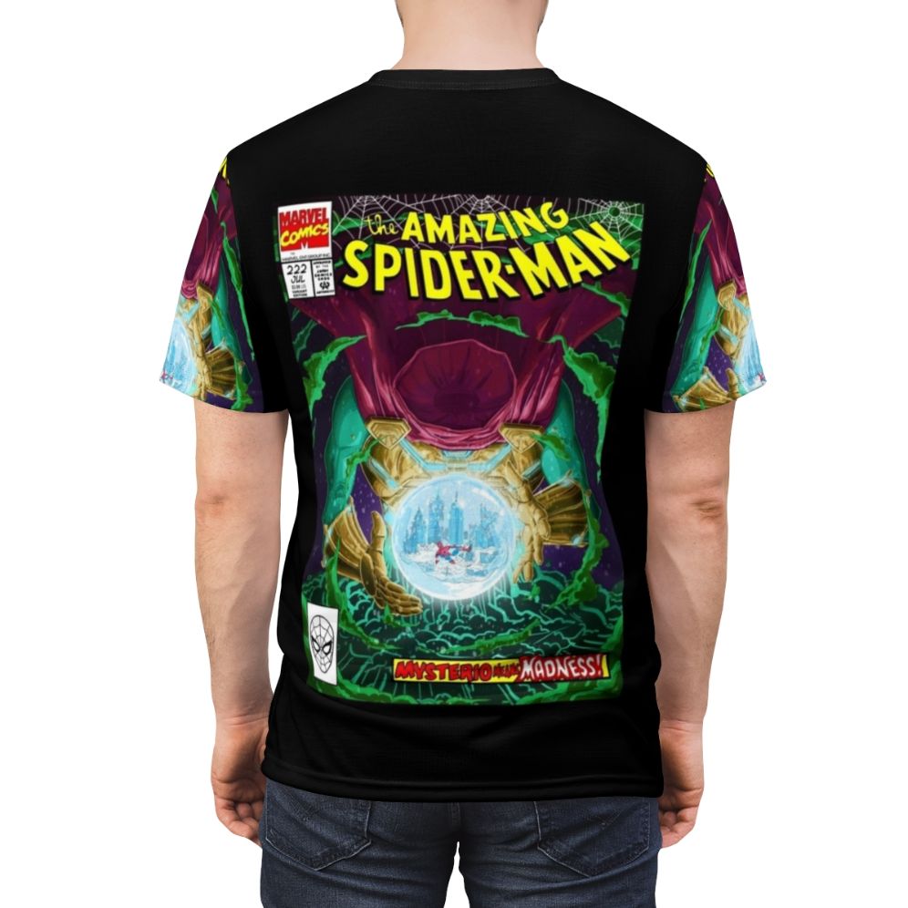 A stylized t-shirt design featuring Mysterio, a Spider-Man supervillain, in a comic-inspired art style. - men back