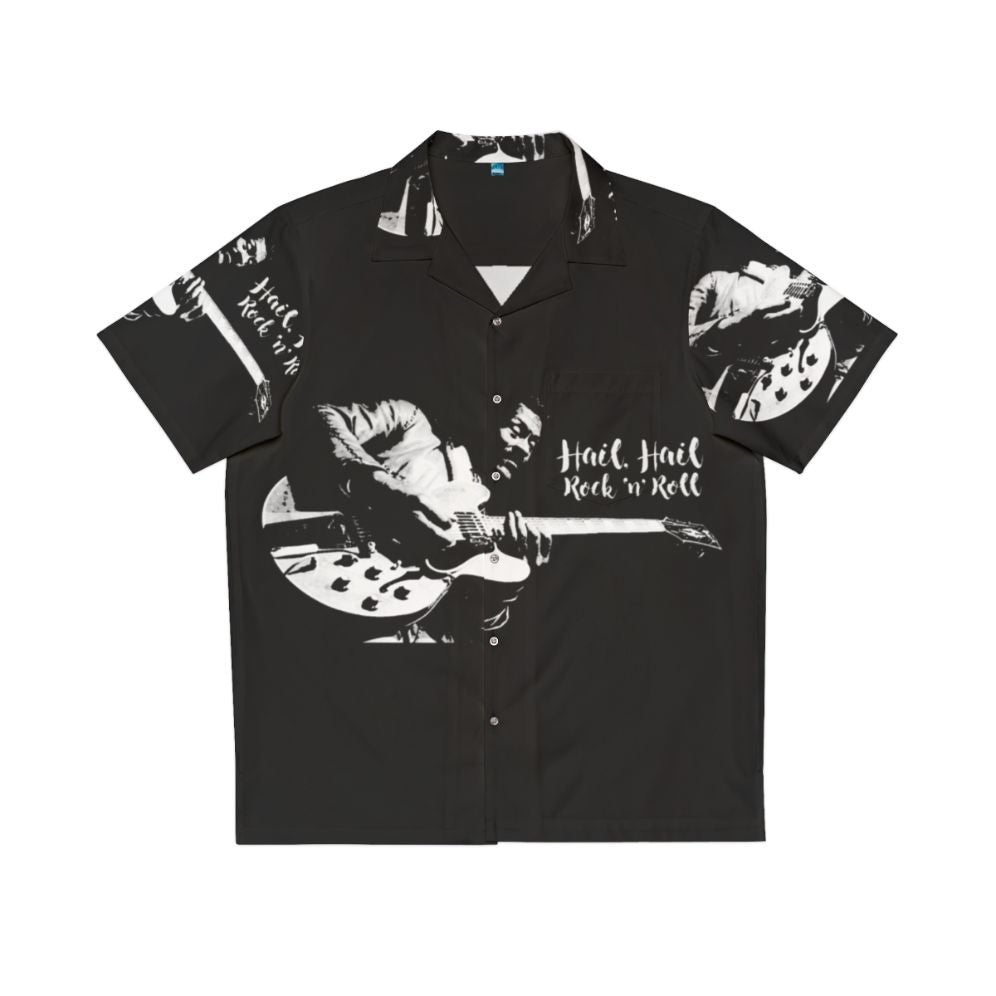 Hawaiian shirt with black and white print of Chuck Berry's guitar