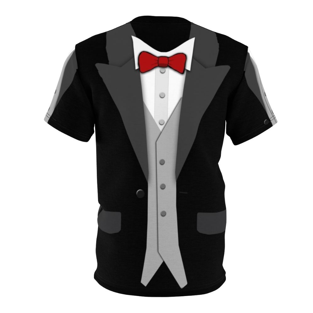 Model wearing a black tuxedo T-shirt with a red bow tie and vest - Back