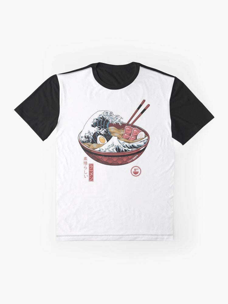 Graphic t-shirt featuring the iconic "The Great Wave off Kanagawa" design with ramen elements, perfect for ramen enthusiasts. - Flat lay