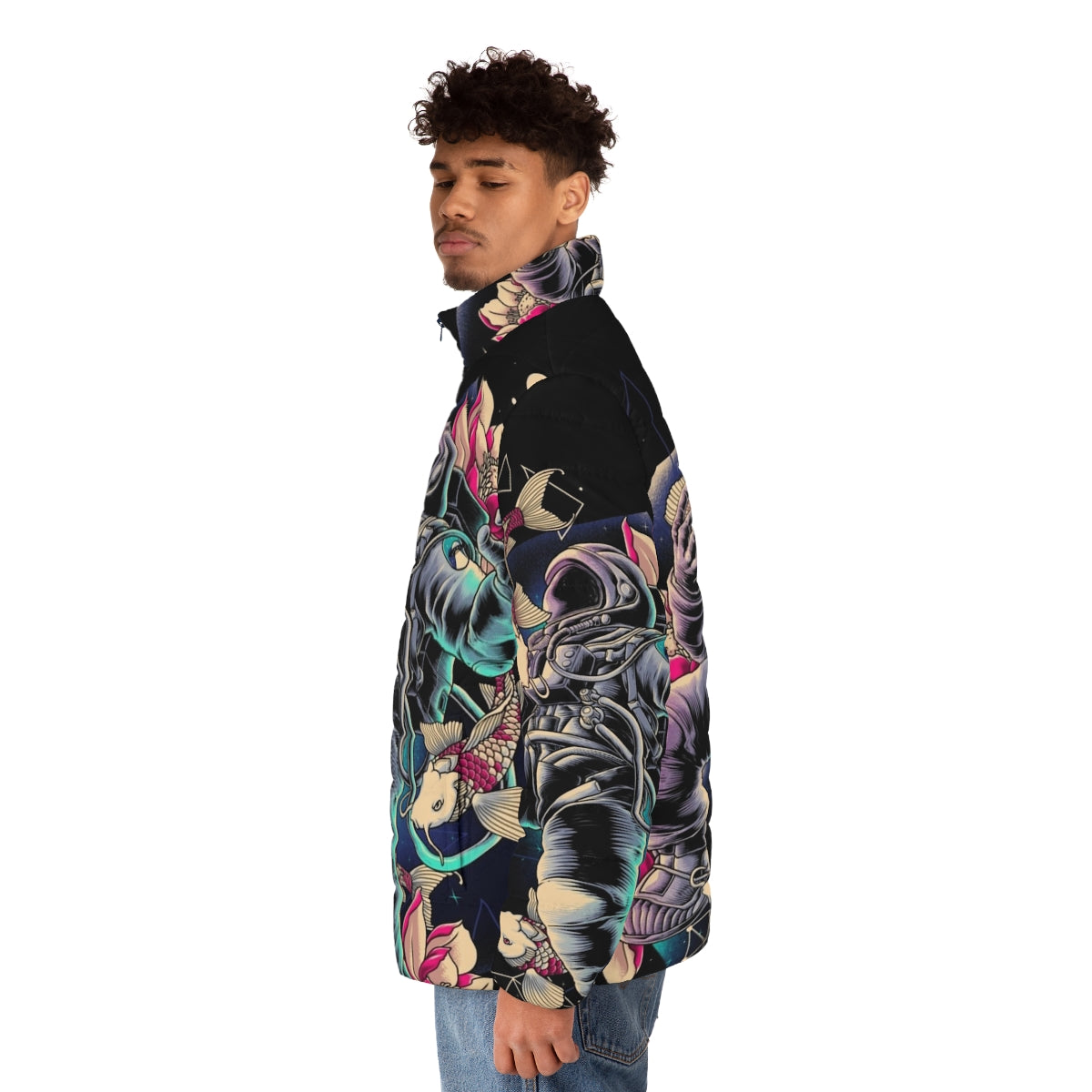 Deep space puffer jacket with a cosmic, interstellar starry design - men side left