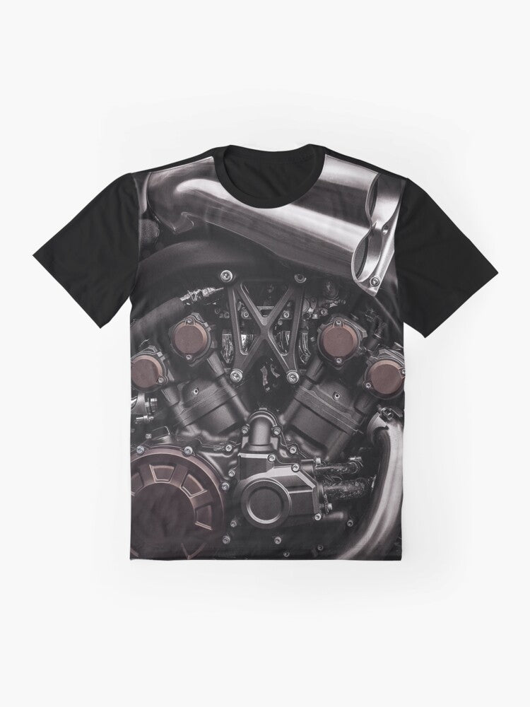 Vmax motorcycle graphic t-shirt in black and white with selective color - Flat lay