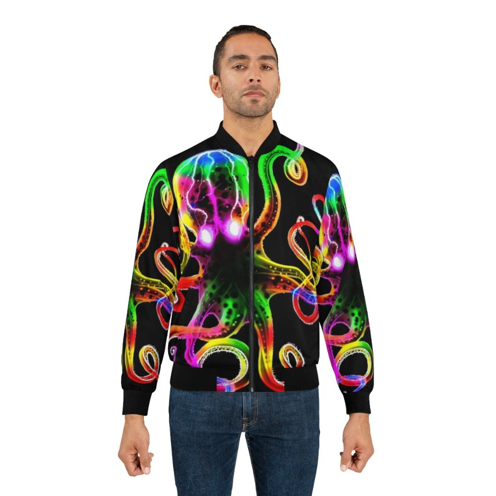 A bomber jacket with a vibrant tie-dye pattern featuring a glowing octopus design. - Lifestyle